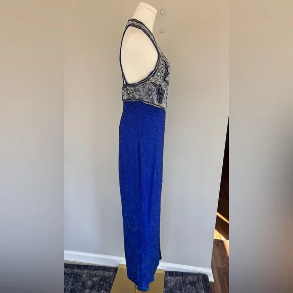VTG LAURENCE KAZAR 90s 100% Silk Beaded Halter Gown Prom Formal Maxi Dress Sz S - Picture 8 of 16